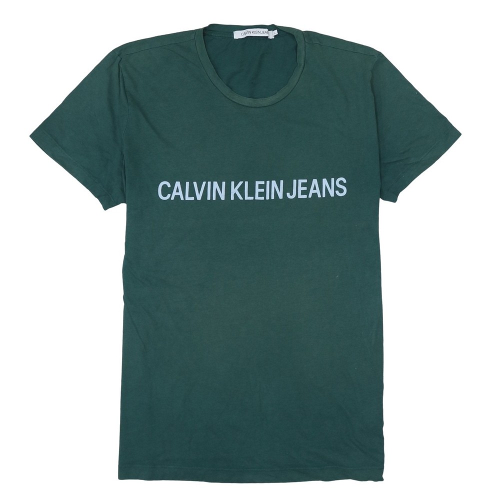 Calvin Klein Mens T Shirt Dark Green Cotton Big Logo Print Crew Neck Tee Top L