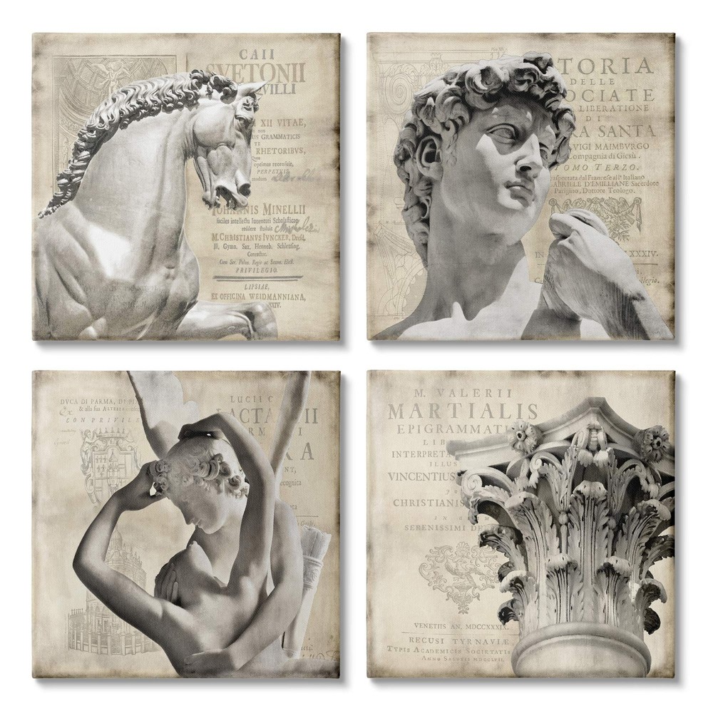 Vintage Greek Sculptures Over Antique European Texts 17x17 Canvas Wall Art