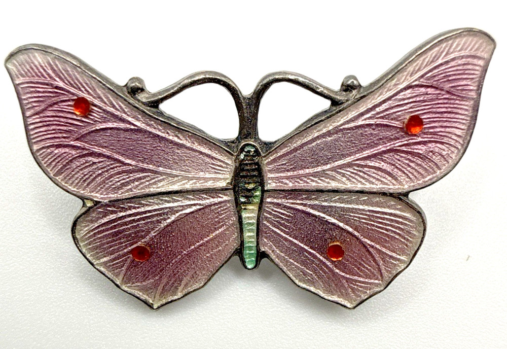 Vintage Norwegian Sterling Enamel Butterfly Brooch Pink Guilloche 925 Silver