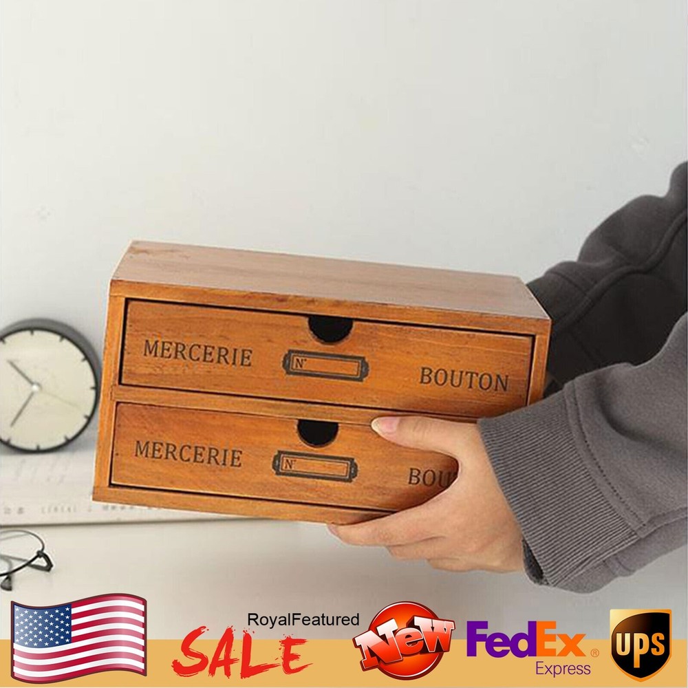 Vintage Wood Jewelry Organizer Storage Box w/ Drawers Cosmetic Cabinet 2 Layers