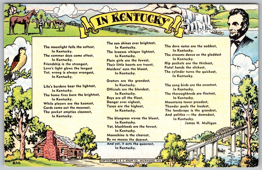 Vtg Linen Postcard Poem & Lincoln Portrait Kentucky, US 1940s