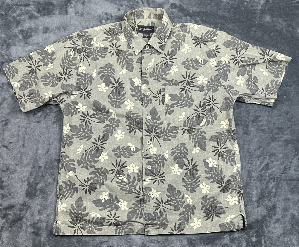 Men's Medium Beige Green Cotton Floral Hawaiian Shirt by Eddie Bauer