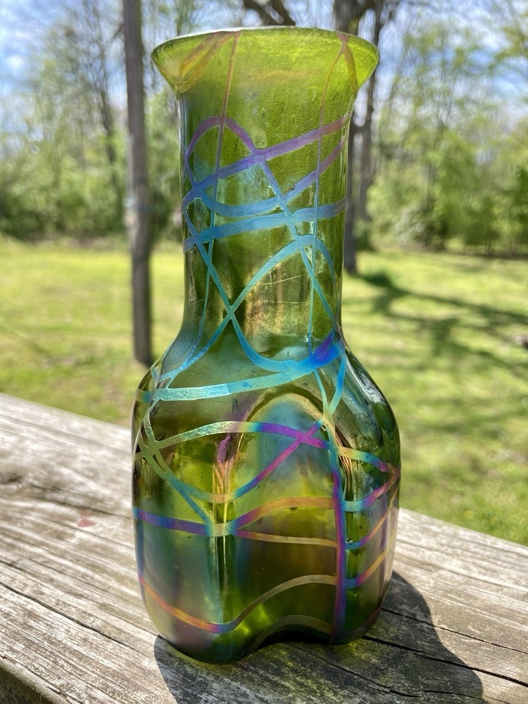 antique Bohemian Art Nouveau iridescent green glass vase, circa 1900–1910