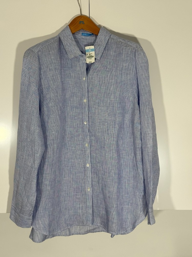 NWT J.McLaughlin Britt Blouse XL Blue White Stripe 100% Linen Orig $188