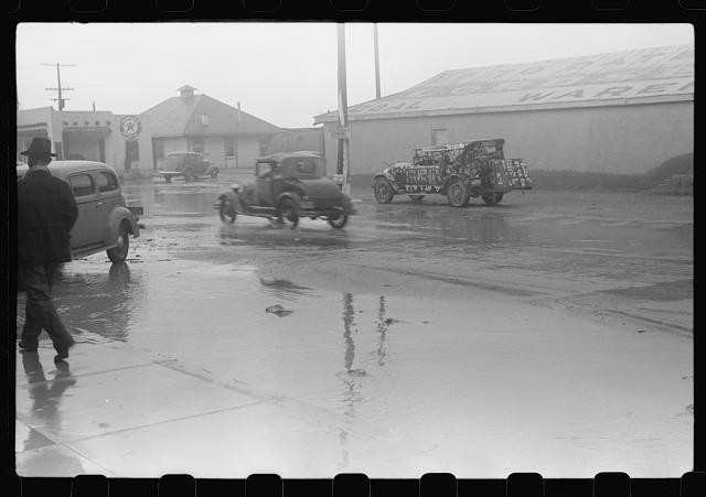 Photo:1930s Rainy Street Scene Vintage Cars Utility Truck Reflections