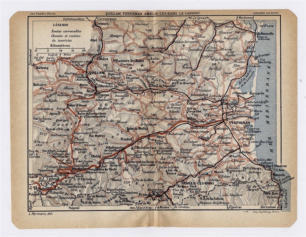 1926 Original Vintage Map Of Se France Perpignan Quillan Languedoc-Roussillon