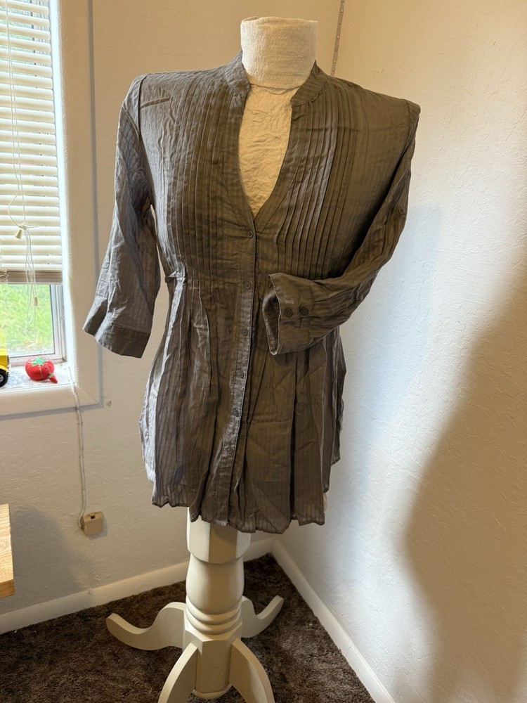 Faith 21 Women's Gray Pleated Button Front Waist Tie Tunic Blouse 3/4 Sleeve 1X