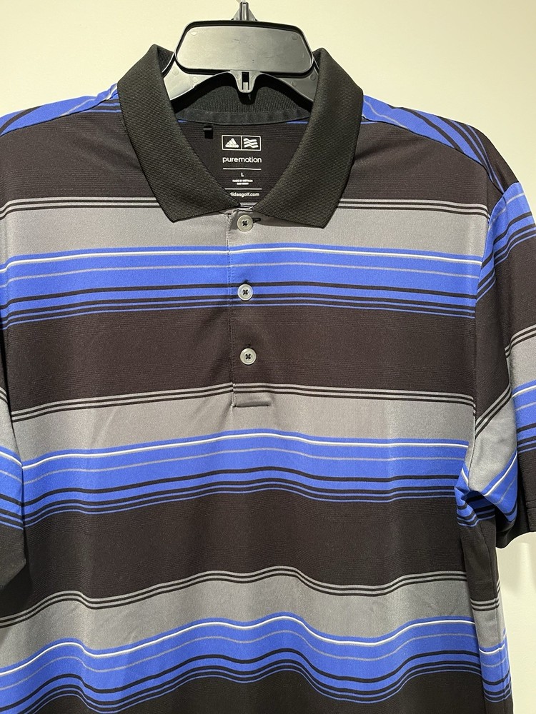 Adidas Golf Polo Shirt Men’s Size L Color Black/Blue/ Gray Striped Short Sleeve