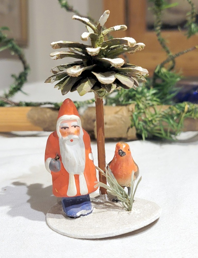 Antique German Santa, with Bird sitting besides Him.  1920s Minature Figure.