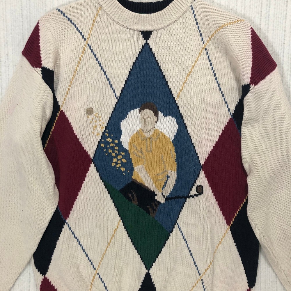 Vintage Jantzen Golf Argyle Sweater Mens Large Cream Cotton Knit Pullover 90s