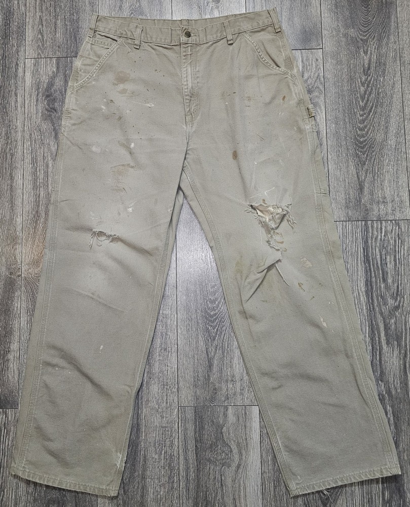 Vintage Y2K Carhartt Carpenter Khaki Pants Distressed Made In USA Men's Sz 38X32