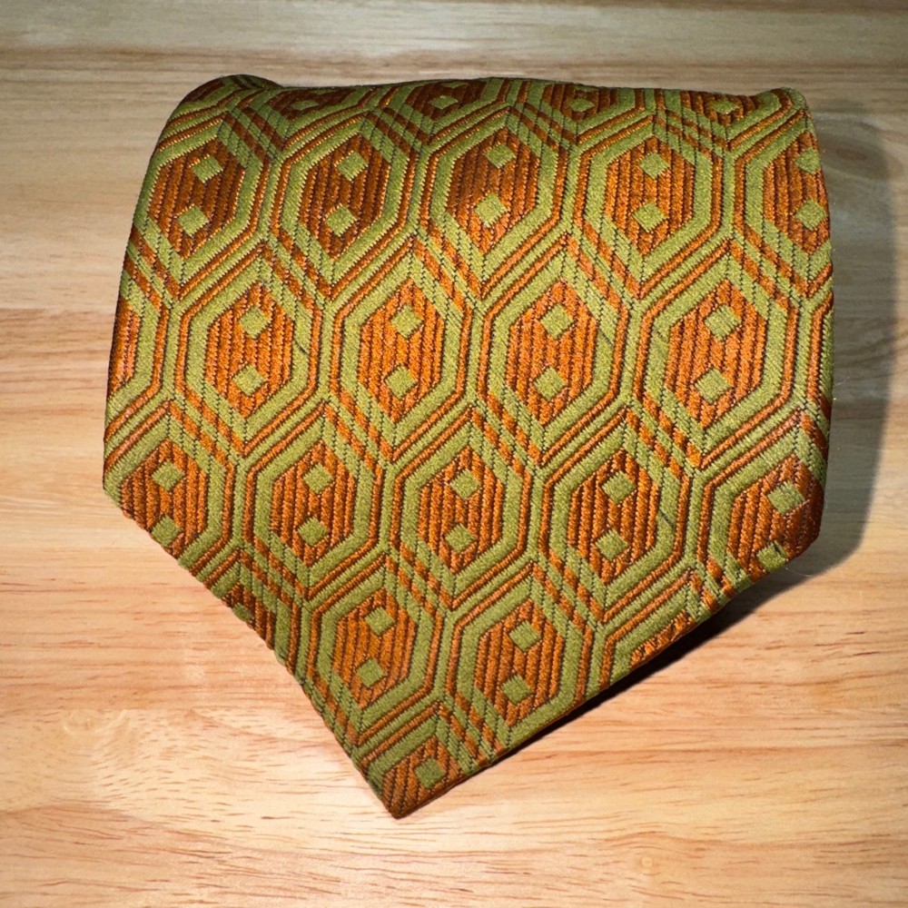 Vintage Sears Mens Wide Tie Olive Green Burnt Orange Geometric Hexagon Acetate