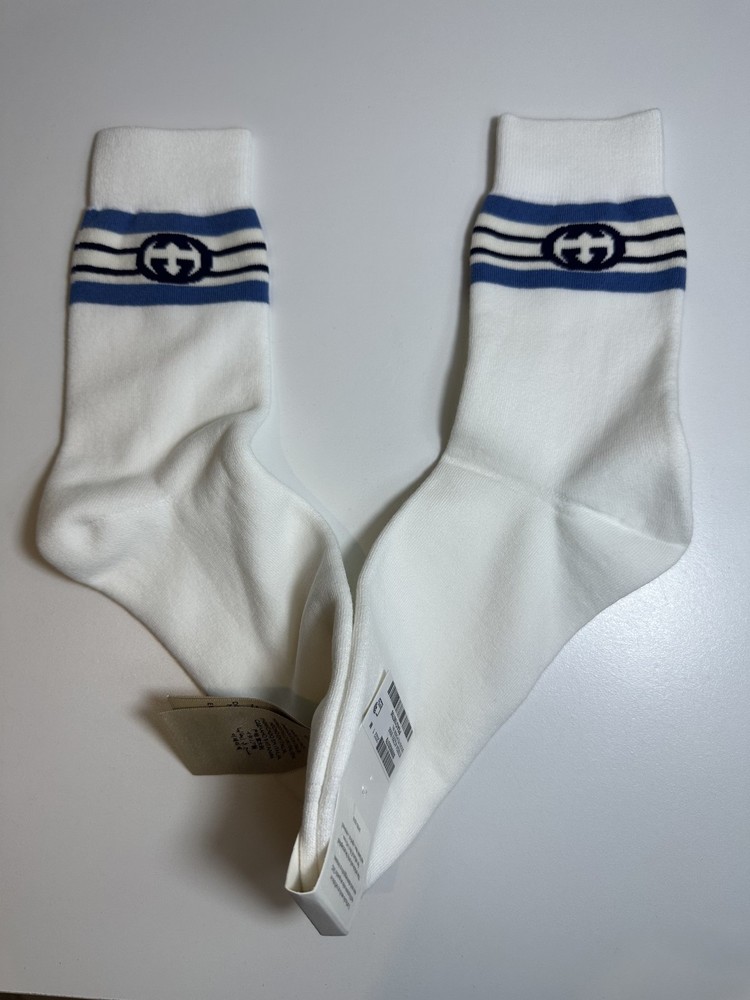 Authentic Gucci GG Logo Socks in White & Blue - Size L