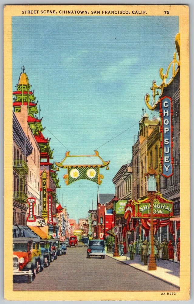 Vtg Linen Postcard Chinatown Street Scene San Francisco, CA 1940s