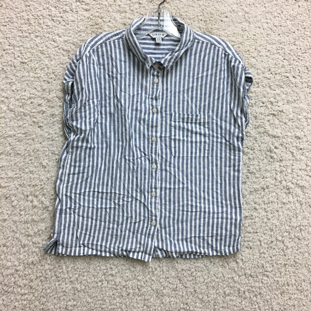 Orvis Top Shirt Medium Adult Blue Button Up Striped Short Sleeve Linen Womens M