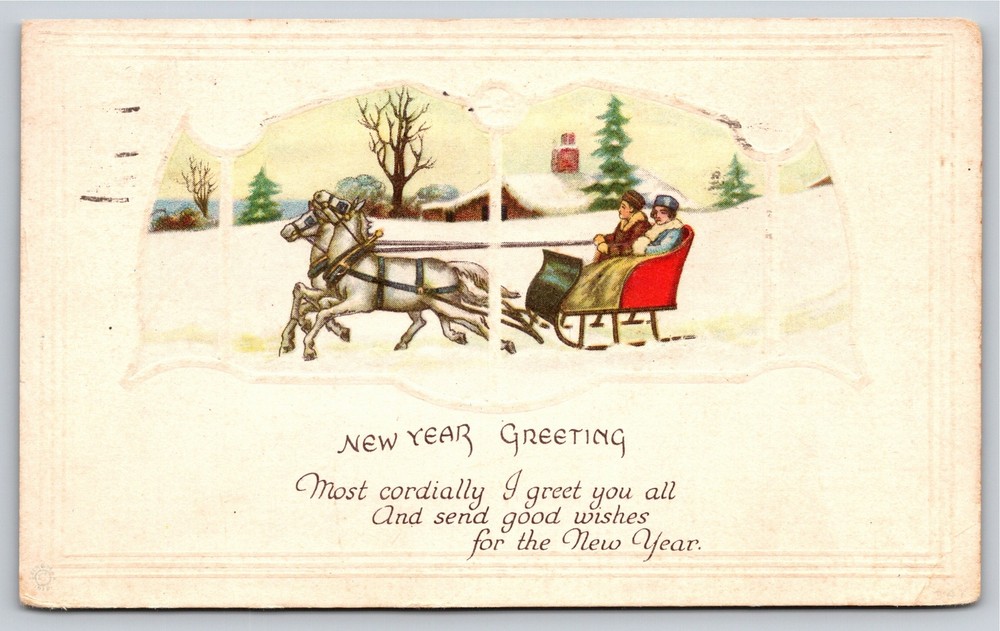 Holiday~Horse Drawn Carriage & New Year Greeting Good Wishes~Vintage Postcard