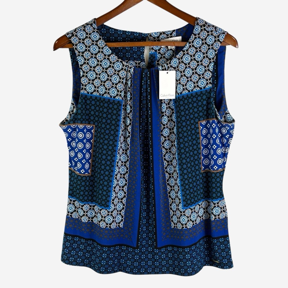NEW Calvin Klein Sleeveless Geo Print Blouse Size XL Pleated Neckline Blue Multi