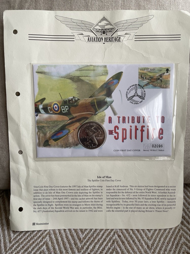 1997 “A Tribute to the Spitfire” Isle of Man £1 Crown Coin Cover Limited Edition