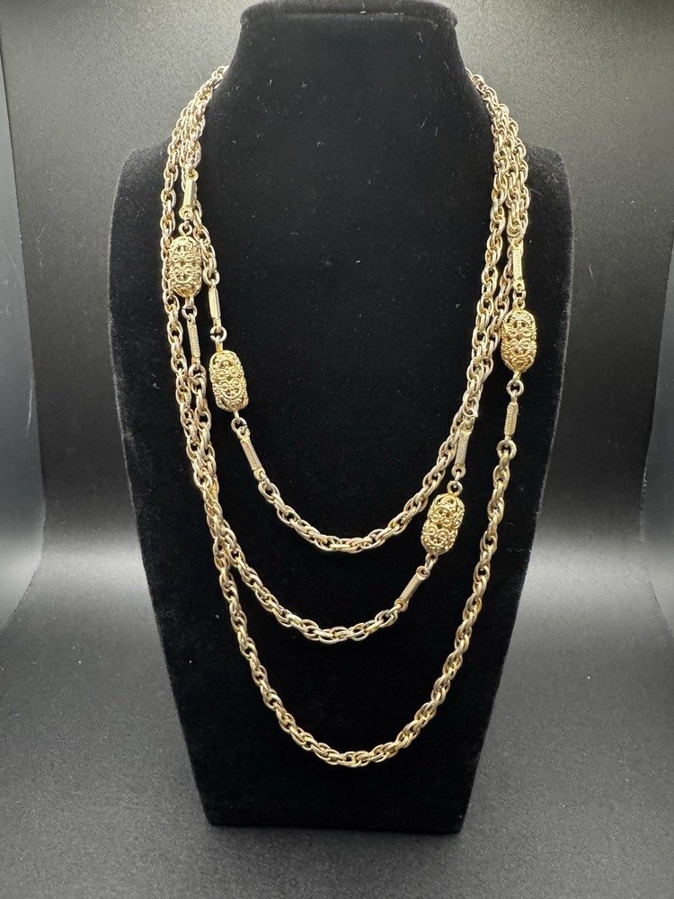 Vintage 70's Sarah Coventry Four Seasons Gold Tone Filigree Chain Necklace 54
