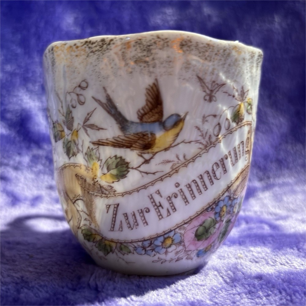 Porcelain Tea Cup w/ Handle White Painted Floral & Bird Design 