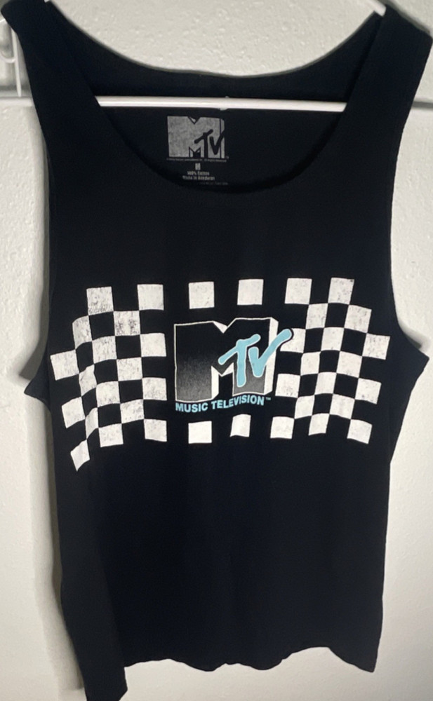 MTV Men's Sleeveless Graphic T-Shirt Black White Cotton Medium Music Television