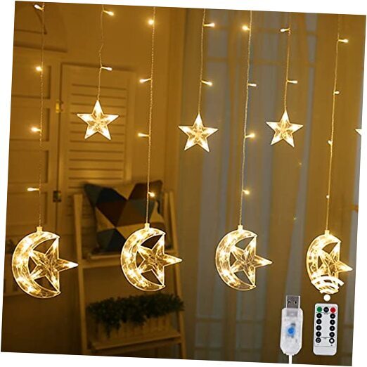 138 LED Star Moon Curtain Decorative Lights, Window Curtain Fairy String