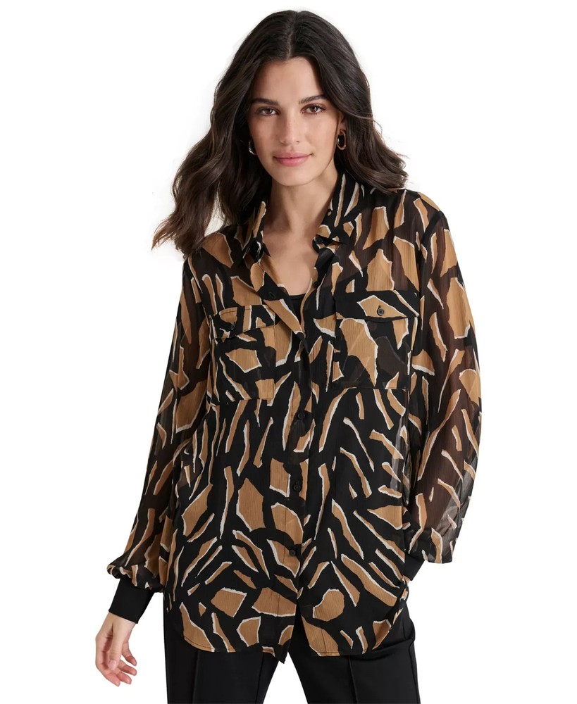 DKNY Women's Top Sz S Printed Button-Front Long-Sleeve Blk/Blue