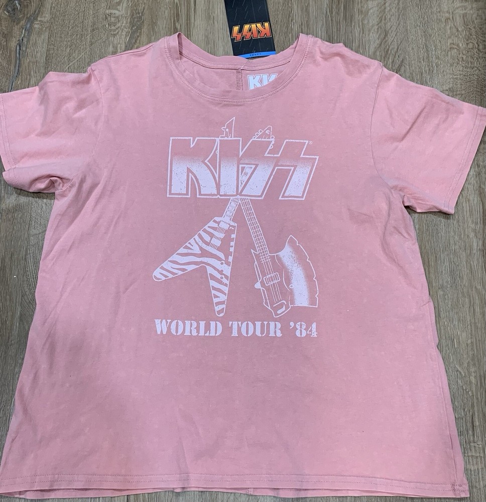 KISS Band T-Shirt Pink & White Guitar Rock Band World Tour '84 Women’s Size L