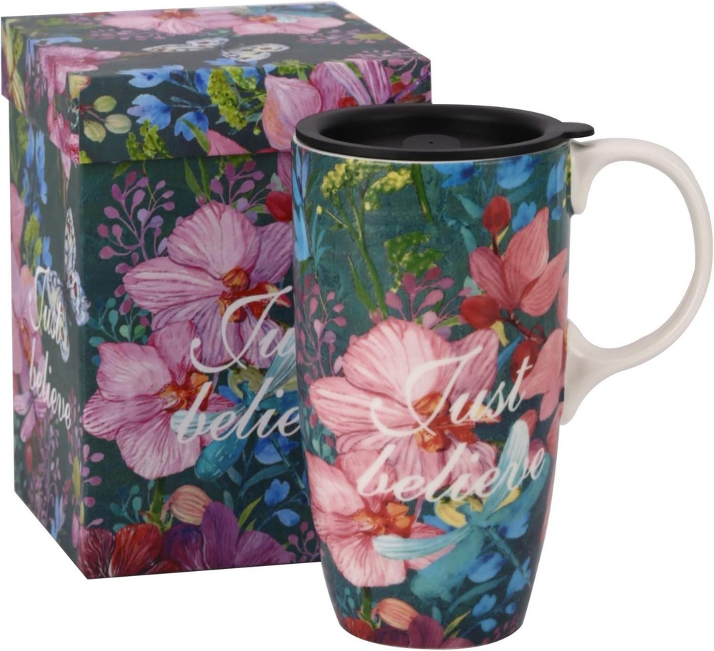 Ceramic Coffee Mug Travel Cup Gift with Lid 17oz. Porcelain Tall Tea Cup with...