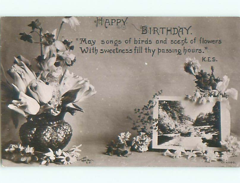 circa 1910 rppc BIRTHDAY - BEAUTIFUL FLOWERS IN ANTIQUE VASE : clearance o2645