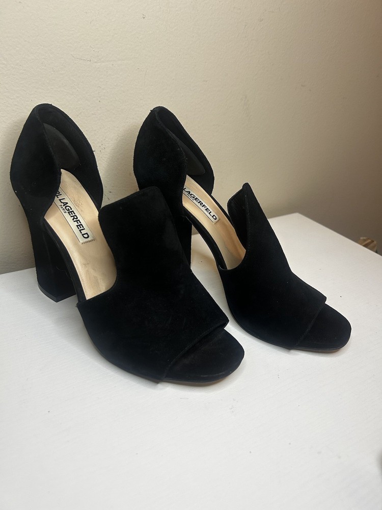 Women's 7.5 M Karl Lagerfeld Rian Black Kidsuede High Heels Pumps Shoes Peep Toe