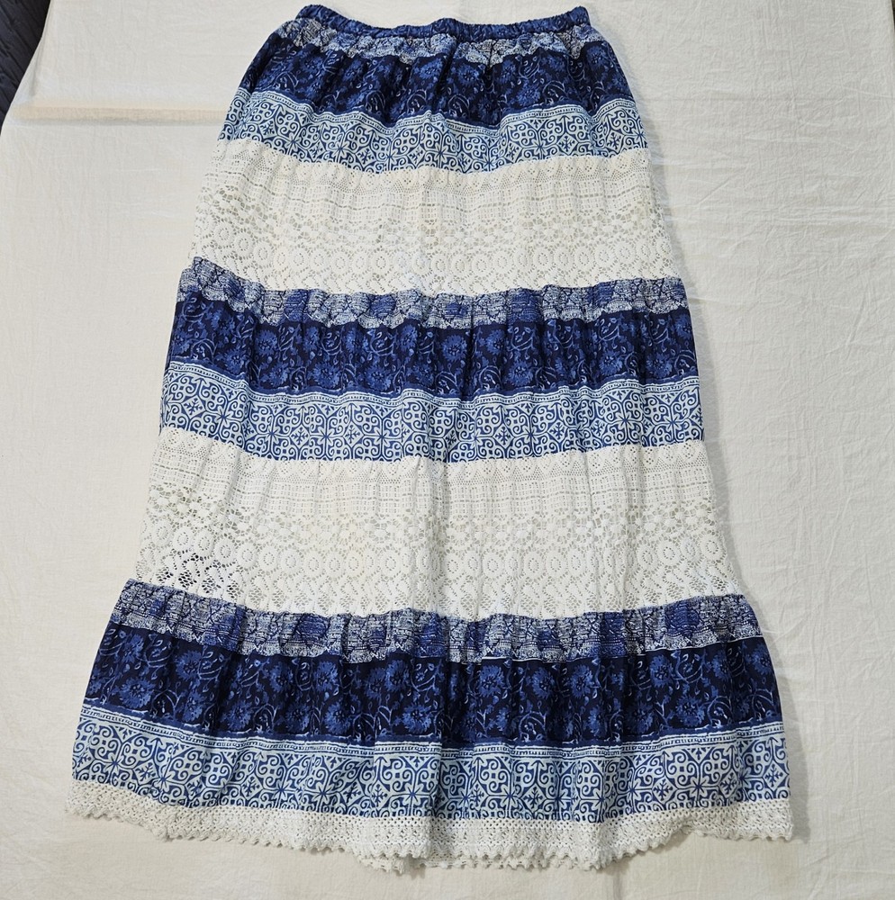 Hannah Blue White Maxi Skirt Womens Large Lined Floral Cottage Core Boho...