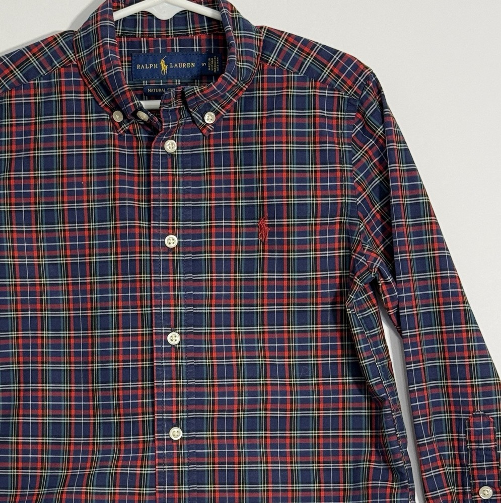 RALPH LAUREN Boys Button Down Navy/Red Plaid Long Sleeve Shirt - Size 5
