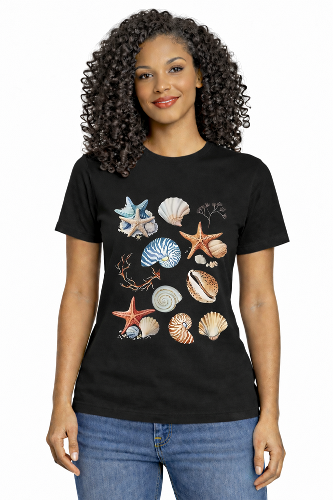 Women's Starfish Shell Coral T-Shirt Coastal Beach Summer Vacation Graphic Tee