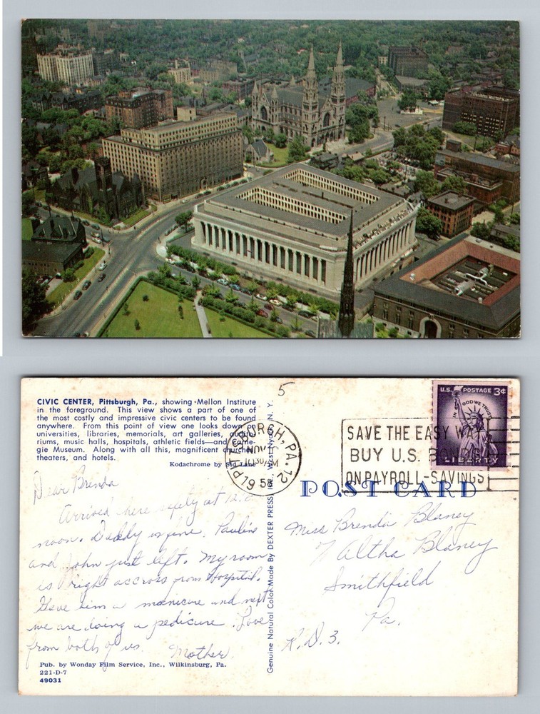 Pittsburgh, PA-Pennsylvania Civic Center Mellon Institute Vintage c1958 Postcard