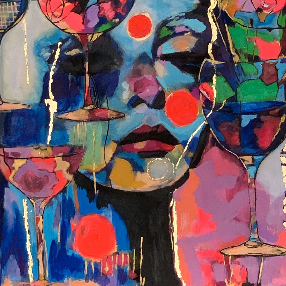 Purple Dreams Abstract Woman Face with Wine Glasses Art, Print,40.6 x 40.6 cm-image