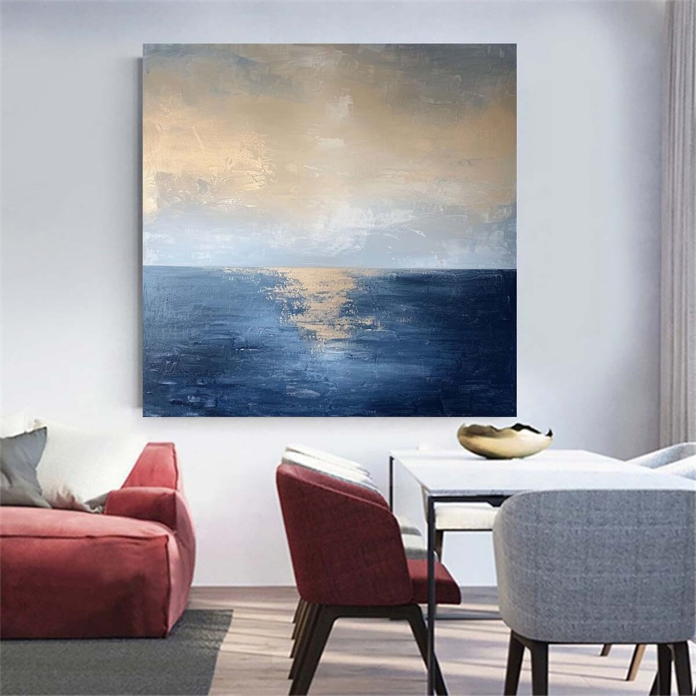 blue abstract oil painting hand painted on canvas Minimalist eaview 31in