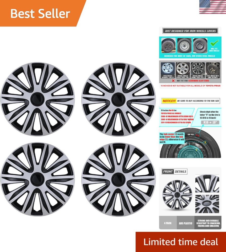 Complete Set of 4 Snap-On 15-Inch ABS Hubcaps in Black & Silver
