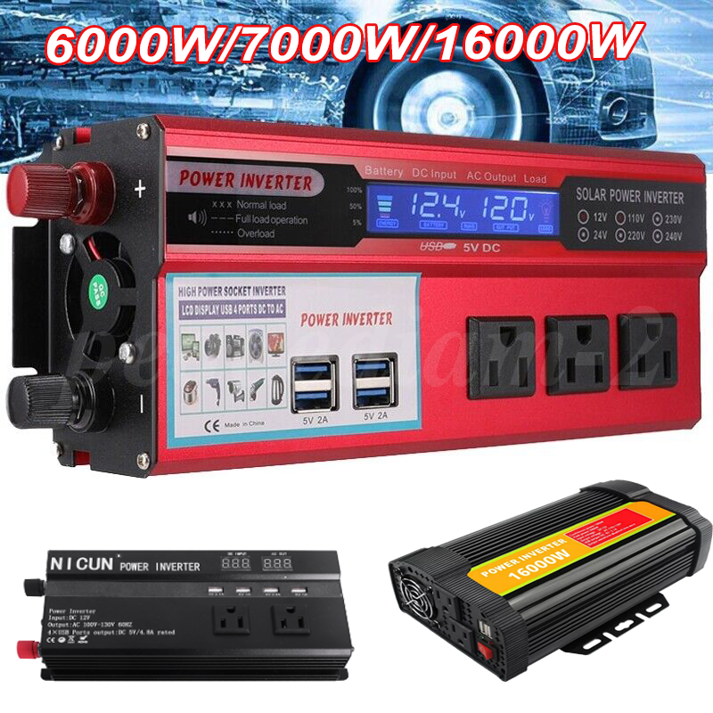 7000W 16000W Car Power Inverter DC 12V To AC 110V Home RV Solar Converter LCD