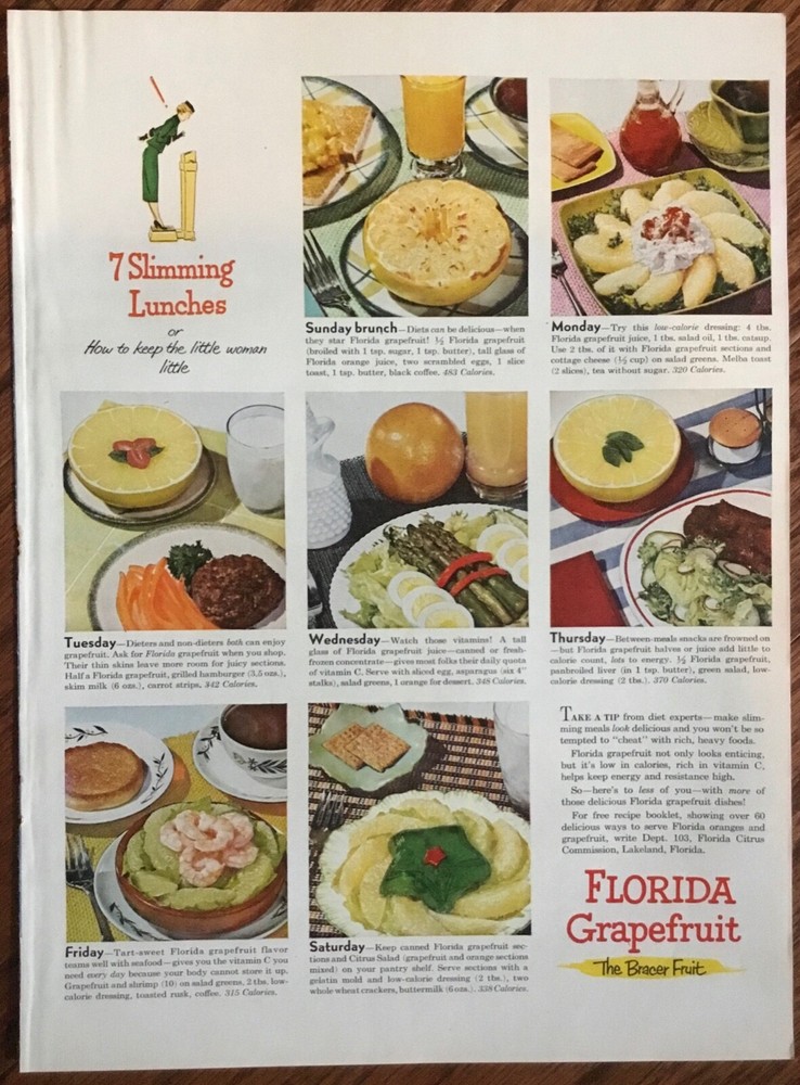 Florida Grapefruit 1953 ad 1950s original vintage retro food art print slimming