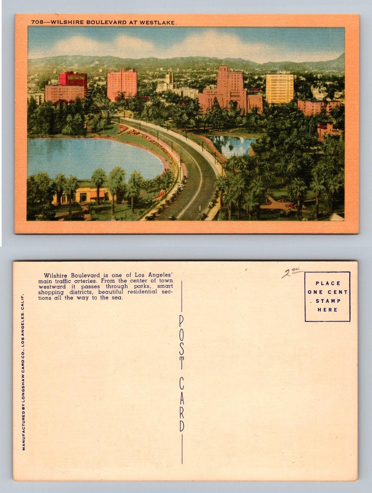 Los Angeles, CA-California, Wilshire Blvd at Westlake Park View Vintage Postcard