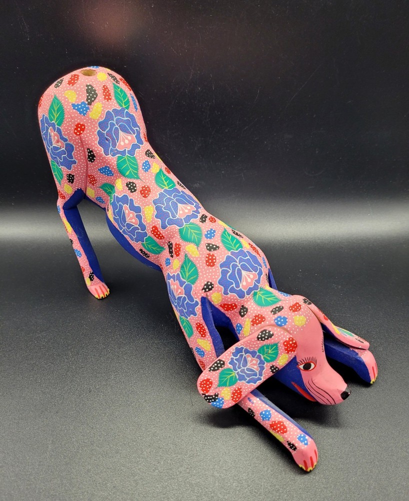 Vtg Lrg Mexican Oaxacan Alebrije Carved Wooden Pink Dog Jimenez Ojeda Folk Art