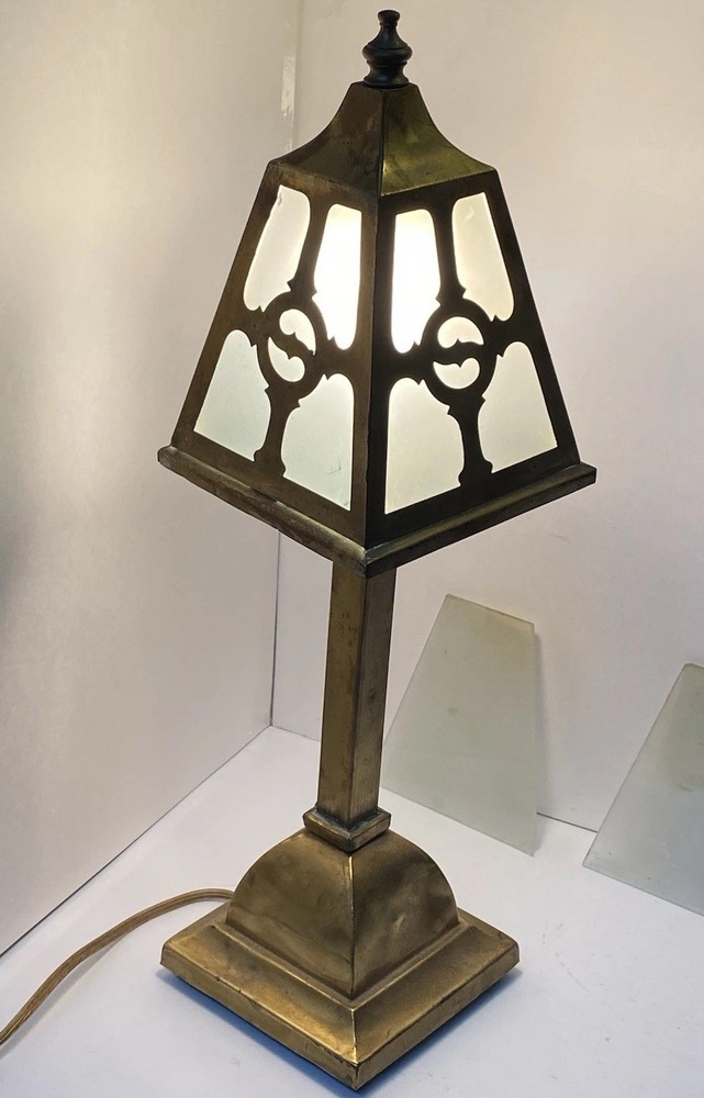 1920s Antique Arts & Crafts Mission Brass Slag Glass Lamp with Shade 16.5 Inch