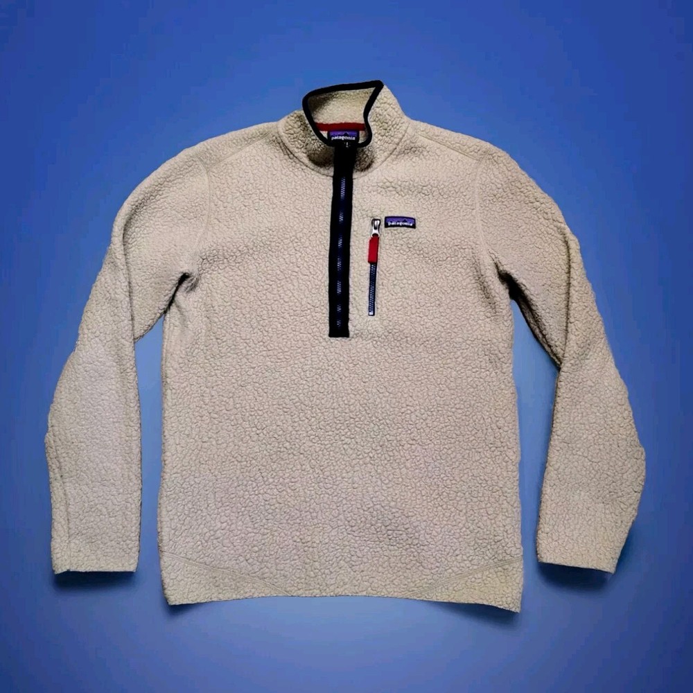 Patagonia Retro Deep Pile Pullover Jacket Fleece 1/4 Zip Sweater Beige Medium