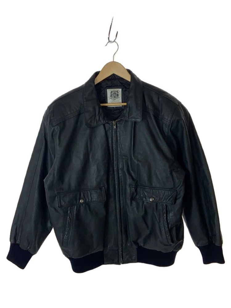 Men's Black Plain Cowhide Leather Blouson Jacket L