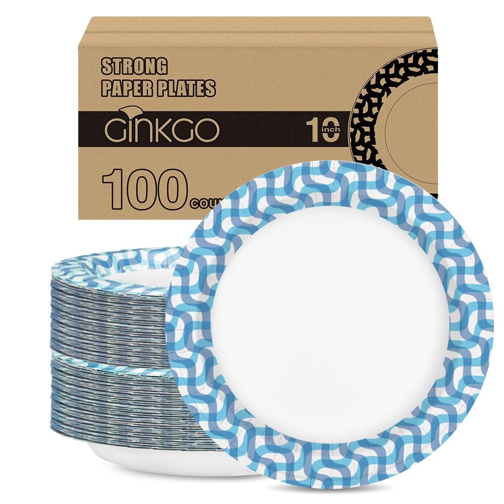Ginkgo 100 Count Paper Plates 10 inch Bulk Thickened Heavy Duty Disposable Pl...