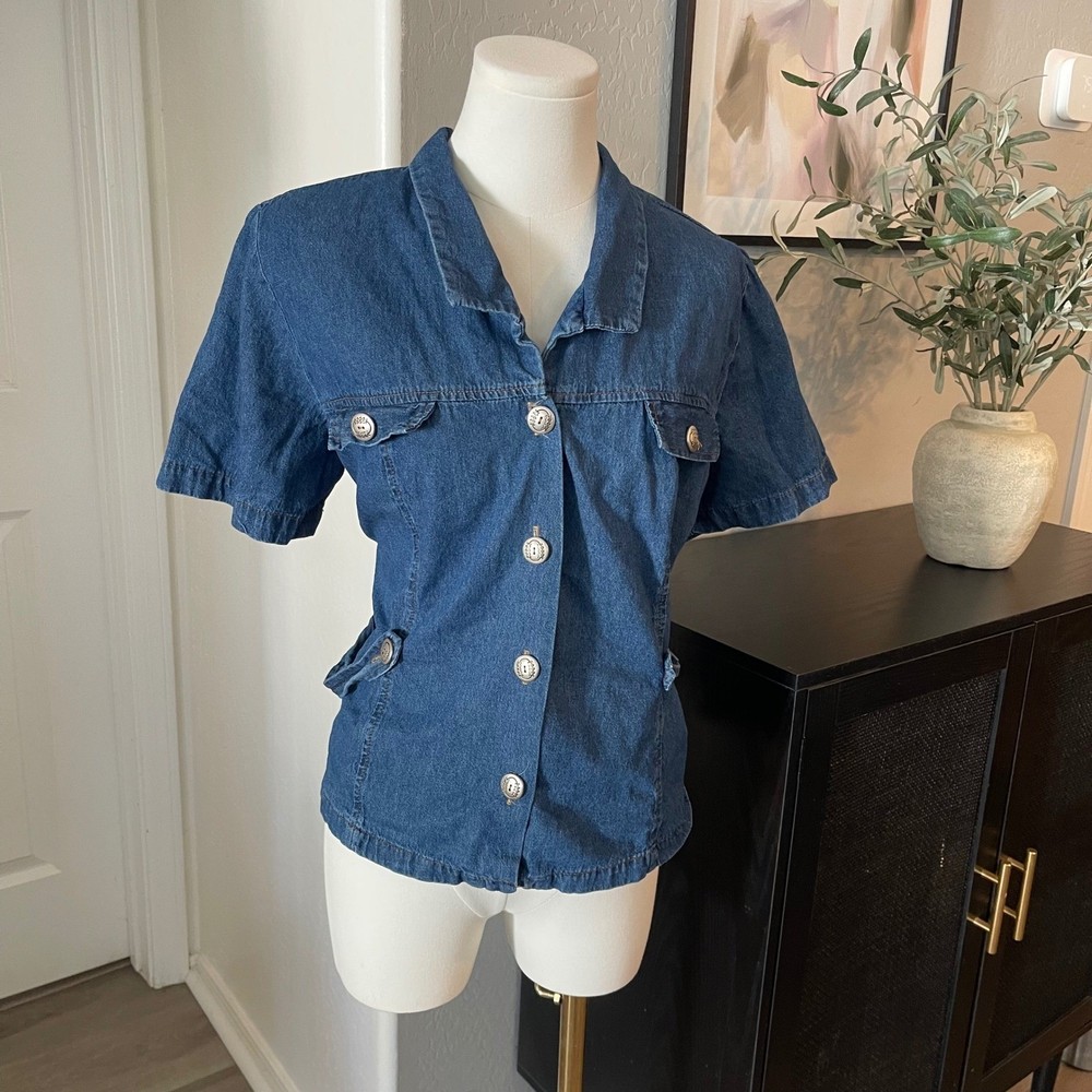 Bedford Fair Denim Shirt Women Large P Blue Excellent Short Sleeve Button Front