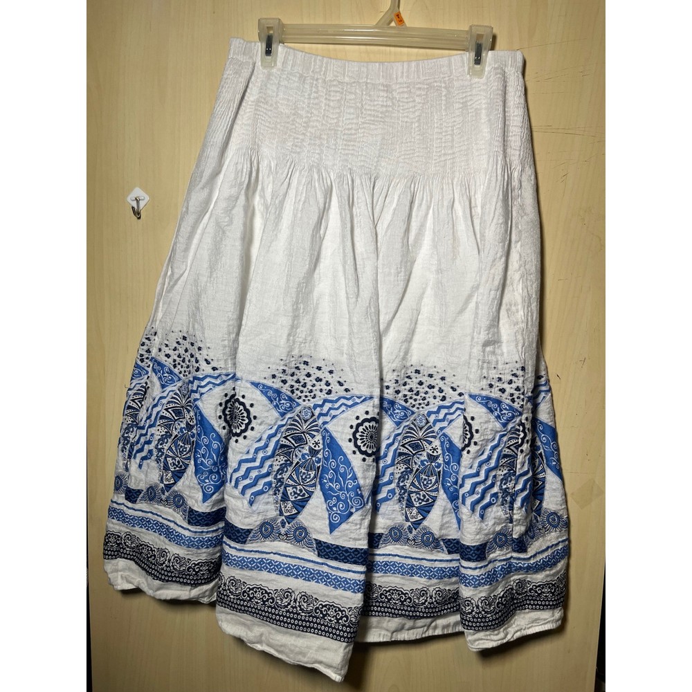 Coldwater Creek White Boho Maxi Skirt Smocked Waist Blue Print Size M