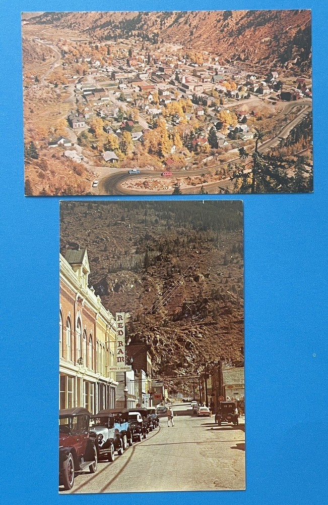 Aerial & Main Street antique cars Red Ram Hotel Georgetown Colorado postcard lot