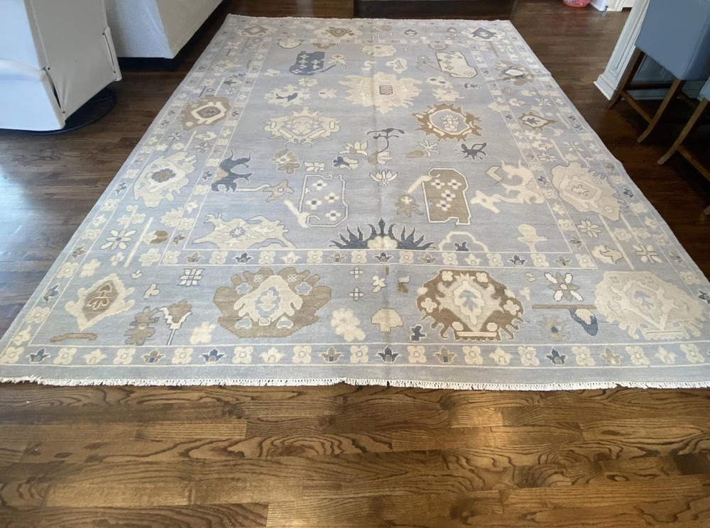 Hand Knotted Oushak Wool Area Rug Light Blue Ivory Beige Traditional Design rug